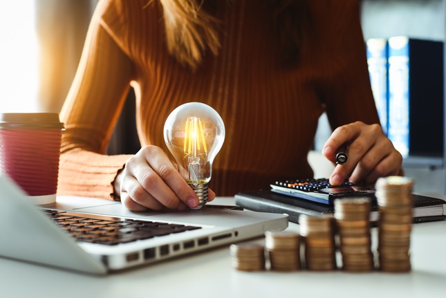 A female consumer holding a lightbulb and calculating savings in front of the computer.